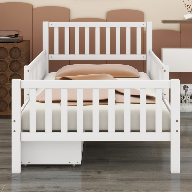Lit plateforme en bois avec garde-corps des deux côtés et deux tiroirs de rangement, Blanc