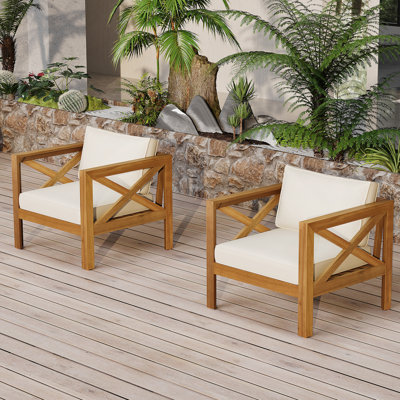 Fauteuil club d'extérieur en bois d'acacia avec coussins (ensemble de 2), ensemble conversation, finition teck, coussin beige