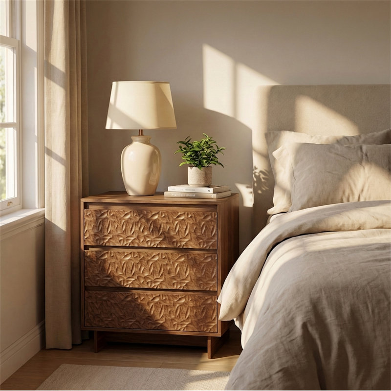 3-Drawer Nightstand with Charging Station, Modern Textured Bedside Table, Walnut