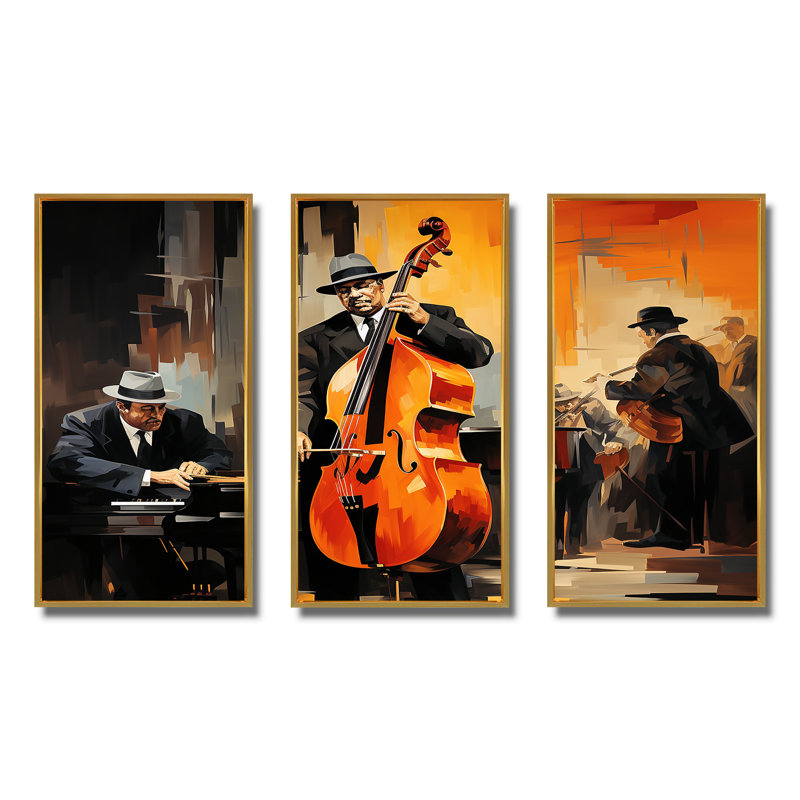 «Orange Essence Of Jazz III» - Art mural américain, Cadre flottant doré, H 40 po x l 60 po