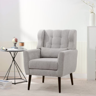 Modern Accent Chair,Chenille Arm Chairs For Living Room,Upholstered Mordern Armchair,Comfy Soft Padded Lounge Chair In Small Space, Bedroom, W/Pillow, Solid Wood Leg (Grey)