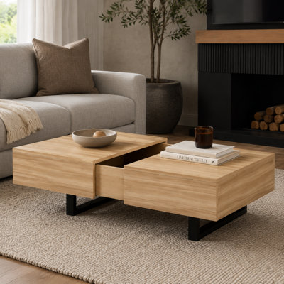Table basse de style Mid-Century avec plateau coulissant, rangement dissimulé et plateau extensible en bois naturel