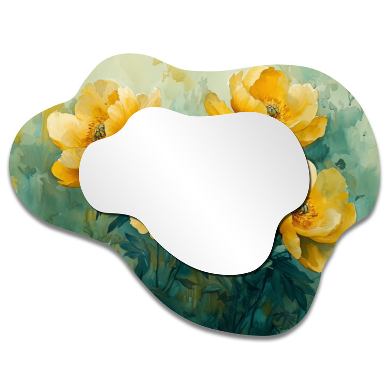 Miroir de salle de bain vert et jaune avec pivoine S Gentle Embrace I - pivoines, 27 po x 35 po