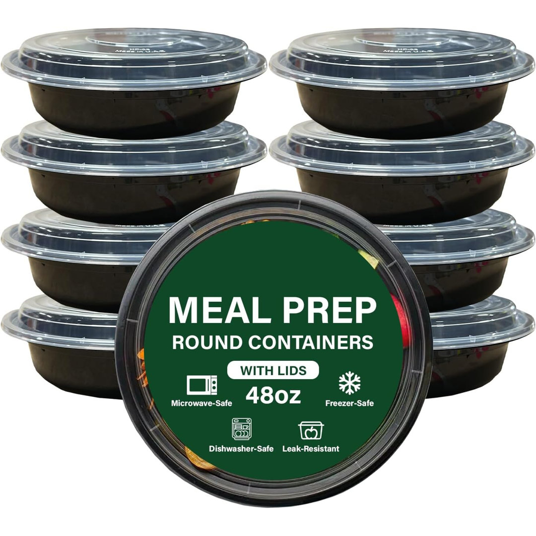 48oz Roud Black Base Meal Prep Takeaway Container Pack of 10