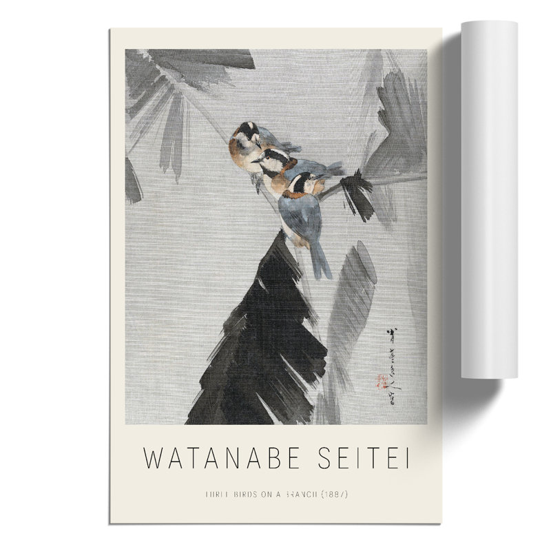Three Birds on a Branch Print by Watanabe Seitei - Frameless Print, 30cm H x 21cm Wx 0.1cm D