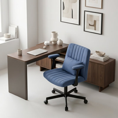 Chaise de bureau pliable en lin bleu avec accoudoirs Crisscross, chaise de bureau ergonomique robuste de 300 lb, chaise roulante réglable en hauteur inclinable de 108 ° à 130 °, chaise de travail matelassée peu encombrante pour un espace de travail compact