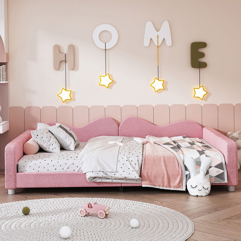 Full Size Upholstered Daybed, Sherpa Fabric Sofabed With Cloud-Shaped Backrest, Full/Double, Pink