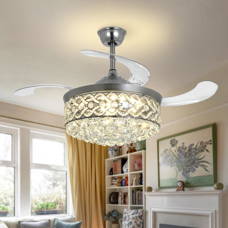 42''Retractable Crystal Chandelier Fan With Remote Control 3 Color 3 Speed Change, Silver