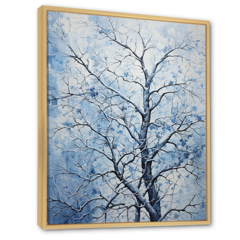 «Blue and White Tree Blooms In Winter III», art mural arbre, Cadre flottant brun, H 32 po x l 24 po x P 1 po
