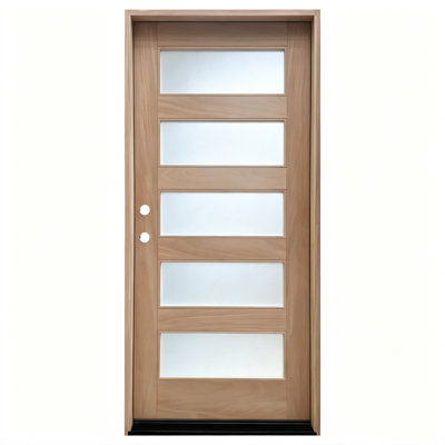 Porte d'entrée contemporaine à 5 carreaux en verre dépoli, panneau en acajou brut, chambranle de 11,6 cm (non pré-montée), ouverture à droite vers l'intérieur.