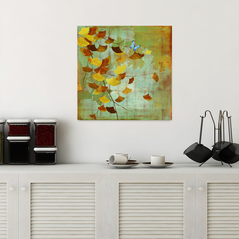 Branche de gingko I, délicat papillon serein tranquille, art de paysage, H 18 po x l 18 po