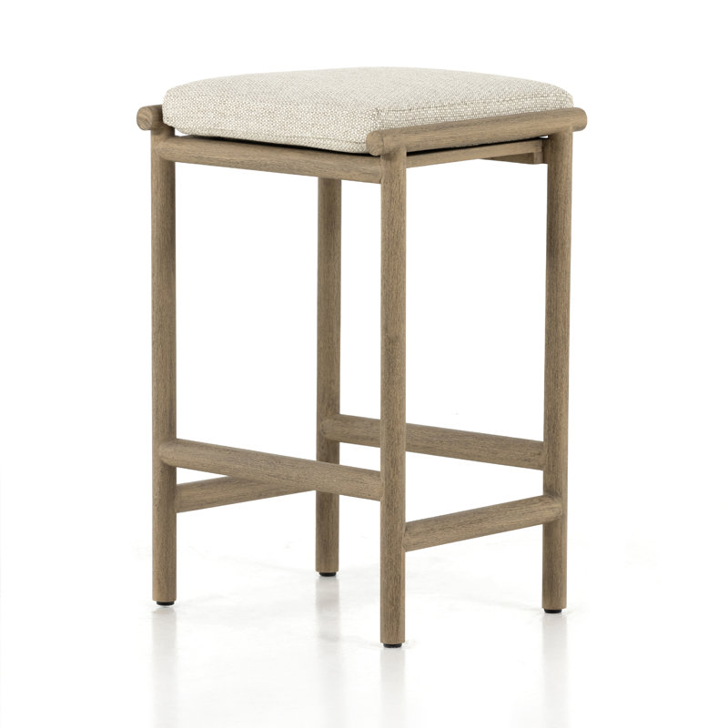 Morene Teak Backless Outdoor Bar Stool with Cushion, Counter Stool (26.46” Seat Height)