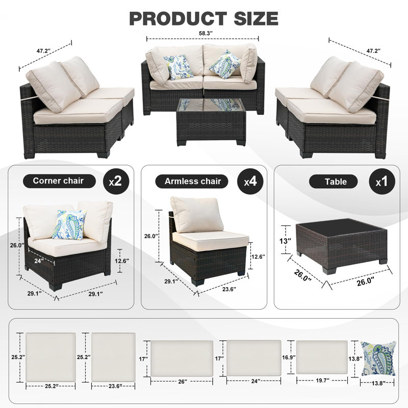 Ensemble de patio 7 pièces 7 pièces, Beige, Noir / brun