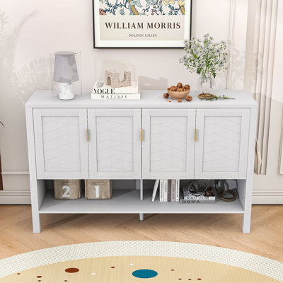 Stylish Four-Door Sideboard Buffet Cabinet with Adjustable Shelves, Geometric Doors and Open Storage
