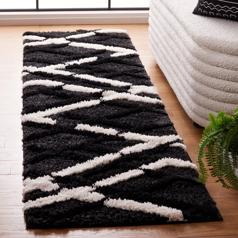 Tapis à poils longs Hi-Lo à poils longs en gris anthracite / ivoire, Tapis de couloir 2 pi 2 po x 8 pi