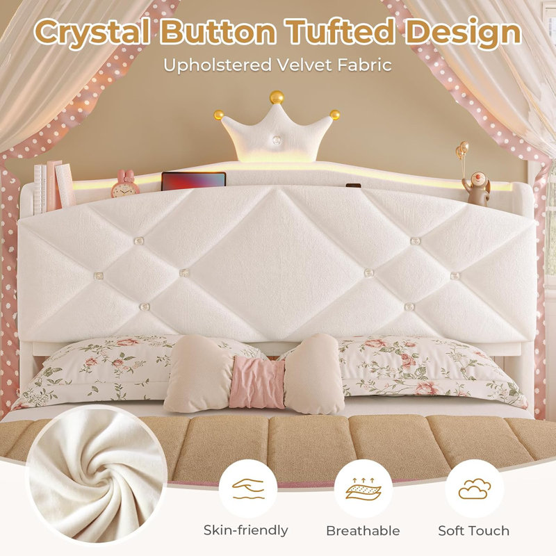 Structure de lit double à DEL avec tête de lit avec rangement et 2 tiroirs de rangement, lit tapissier Princess avec station de charge et bouton et couronne en cristal, lit plateforme en velours, pieds courbés, blanc crème