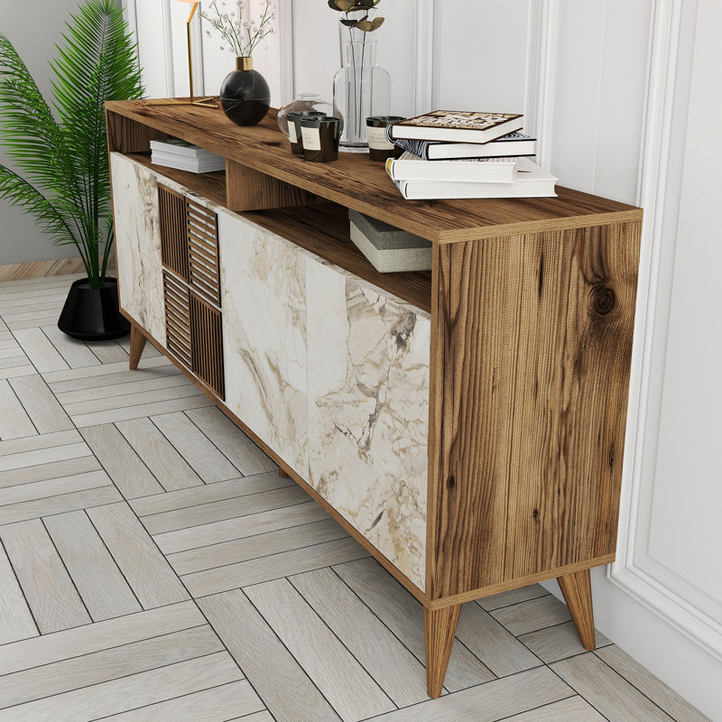 Console Adrius, Noyer, Marbre blanc / noyer, H 30,9 po x l 70,9 po x P 13,8 po