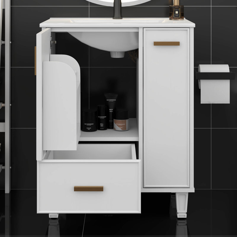 Meuble-lavabo 24 po avec lavabo, ensemble de meuble-lavabo autoportant avec tablette de porte, tiroir profond et panier coulissant à 2 niveaux