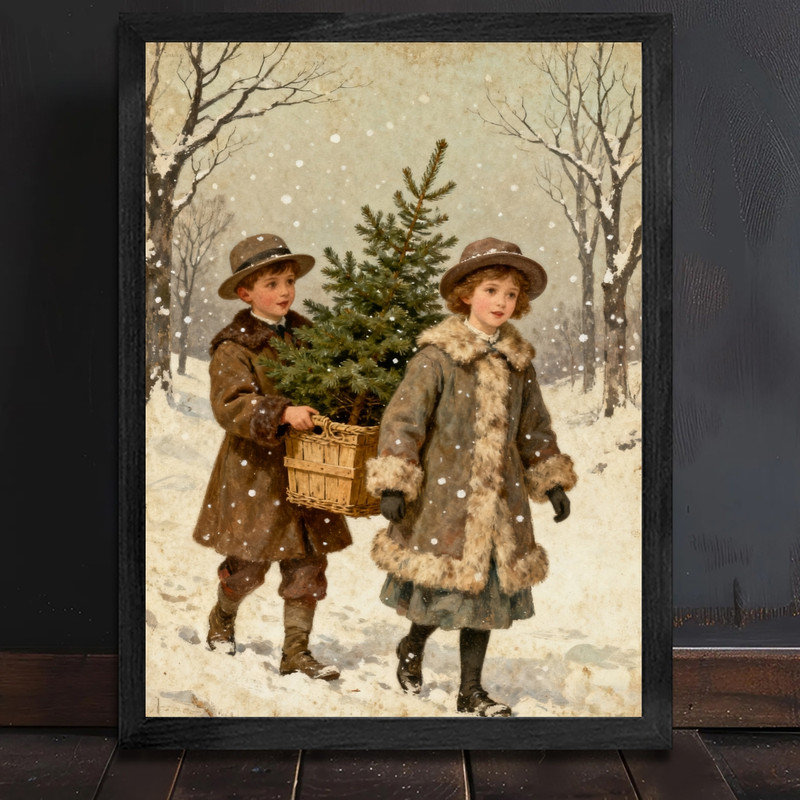 Art mural encadré noir, arbre de Noël rétro, reproduction de cadre fantaisiste d'hiver classique, H 25 po x l 17 po