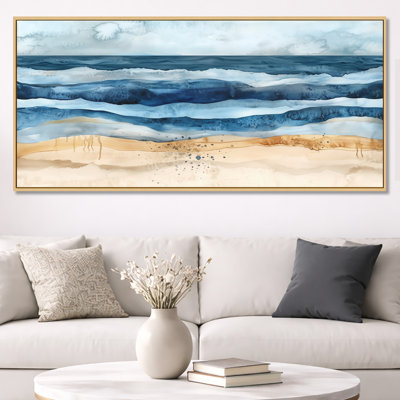 Toile bleue sable, art mural abstrait côtier, océan abstrait rencontre la terre