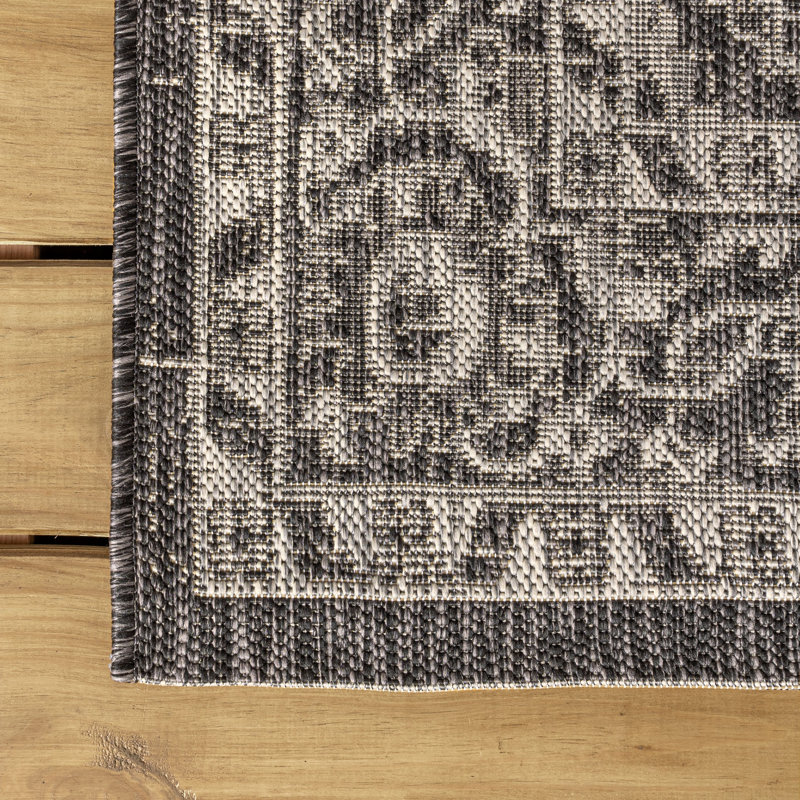 Markwart Vine and Border Textured Weave Black/Gray Indoor/Outdoor Rug, Square 5'3"