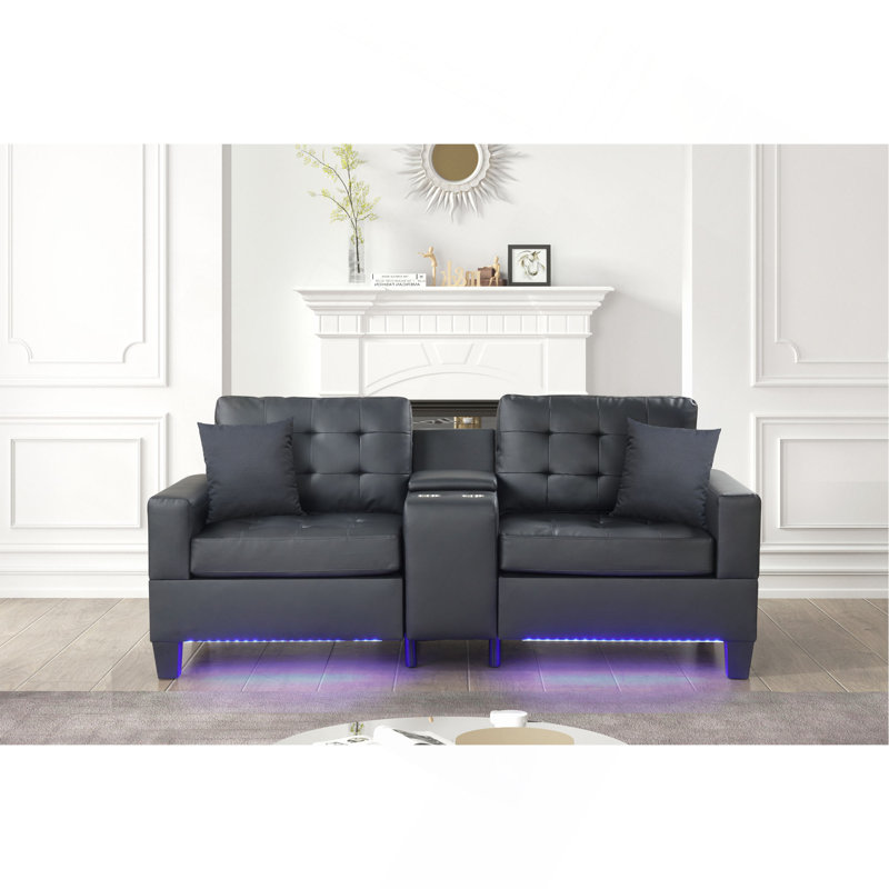 Canapé avec lumières DEL, chargeur USB, console de rangement, porte-gobelets, coussins capitonnés