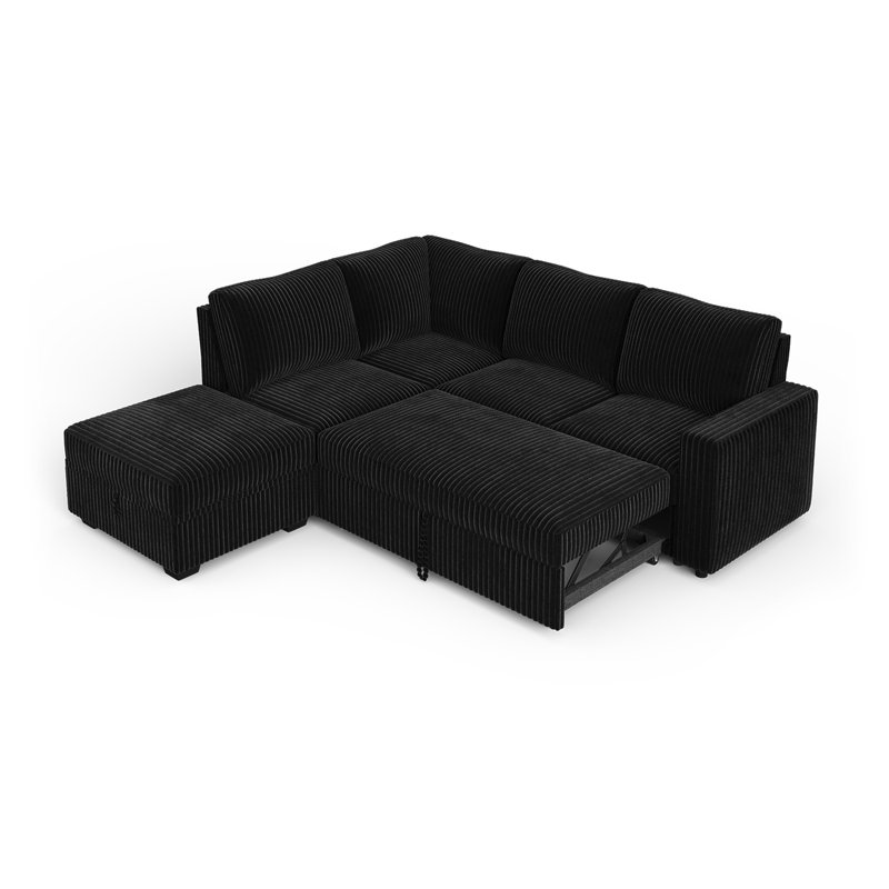 Brunella L Shaped Upholstered Corduroy Sleeper Sectional Sofa Black, 35" H x 87" W x 84.2" D, Black Corduroy