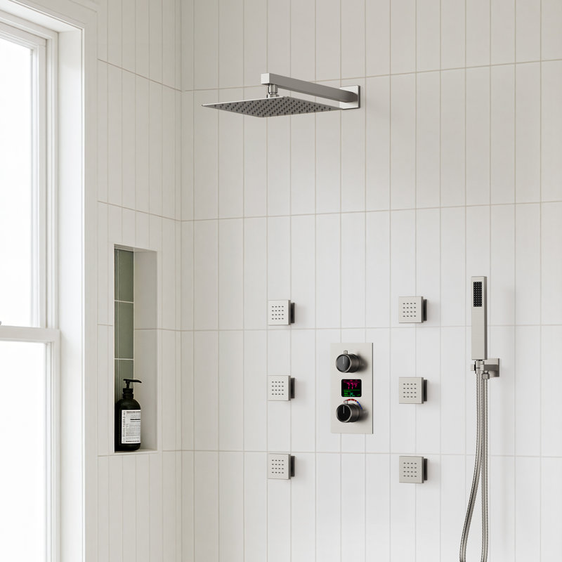 Wall Mounted Digital  Shower System , 12"  High Pressure Rainfall Shower Head with Handheld Shower, Brushed Nickel