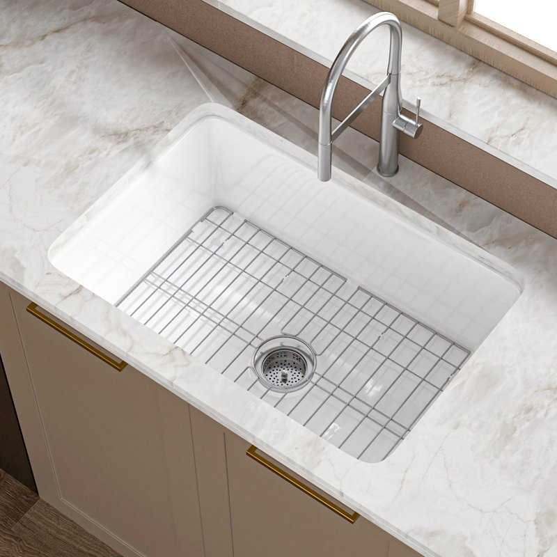Évier de cuisine encastré en argile réfractaire simple 27 "avec grille d'évier et crépine
