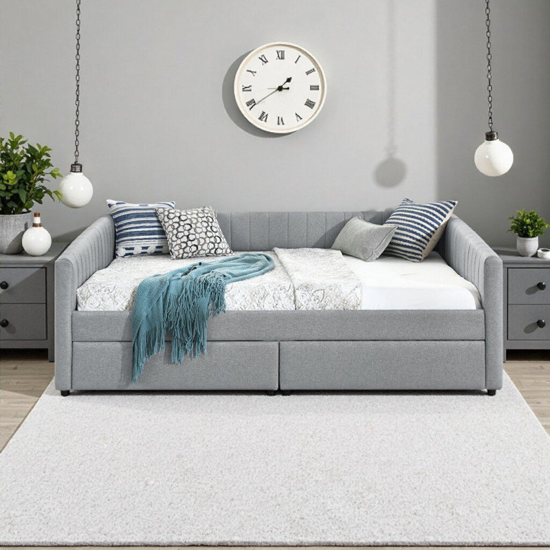 Queen Size Upholstered Daybed with Trundle & Two Drawers - Grey Stripe Linen Sofa Bed (86.5" L x 65" W x 30" H), Grey