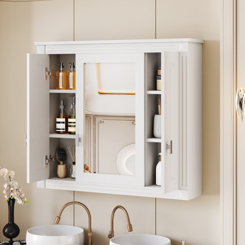 Armoire murale à miroir 34 po avec 5 tablettes réglables, rangement au-dessus de la toilette, Blanc