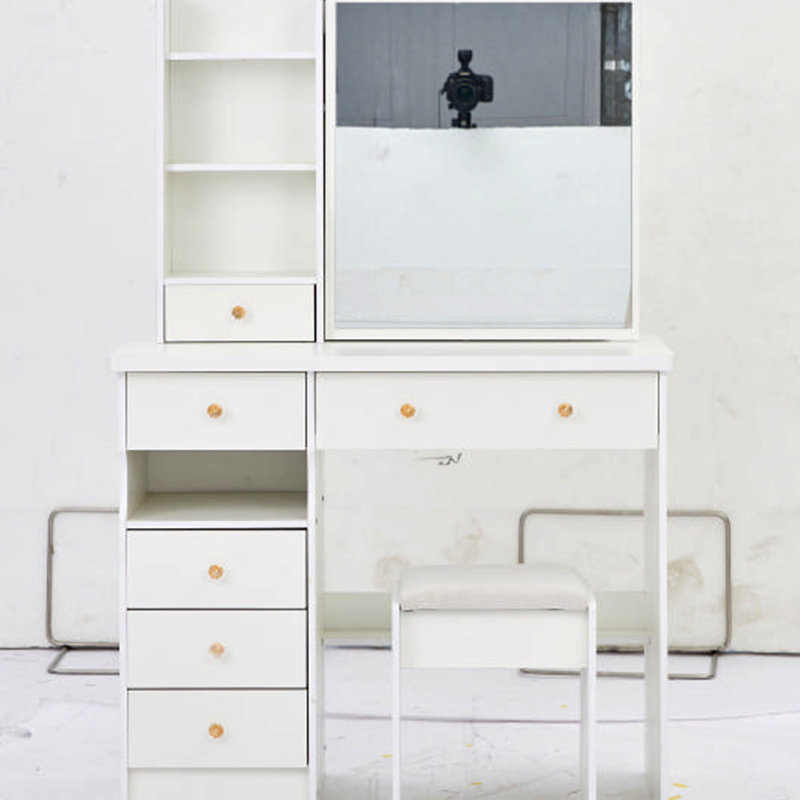 Meuble-lavabo de 37 po de taille moyenne avec tiroir à gauche et tabouret rembourré, très grand miroir coulissant à droite, rangement multi-couches à grande capacité, commode pratique et pratique, convient aux grands espaces