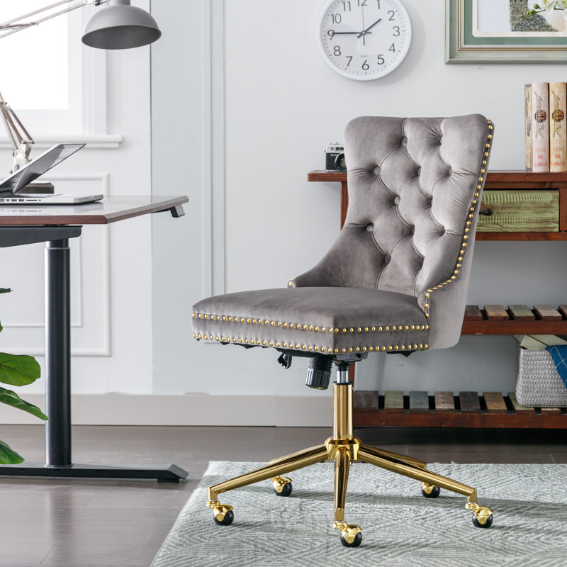 Chaise de bureau, chaise de bureau pivotante rembourrée et capitonnée en velours, Light Gray, Gold