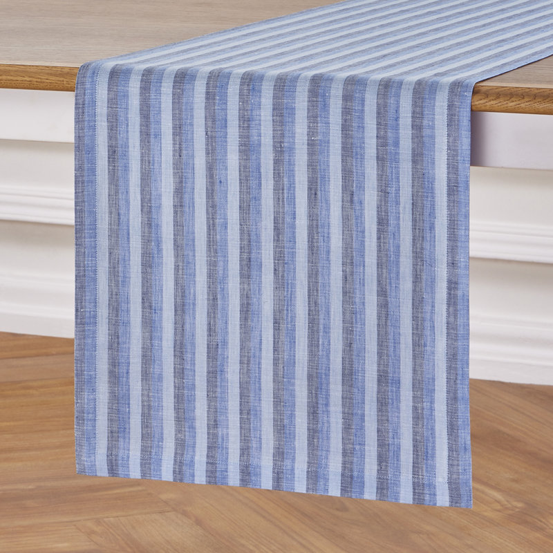 Contempo - 100% Pure Linen Table Runner, 60" x 14", Aqua Blue/White