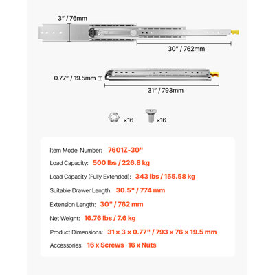 1 Pair Full Extension Drawer Slides 18 20 22 28 30 32 36 38 40 44 48 52 56 60 in, 500 lbs Load Capacity Locking Drawer Slides, Ball Bearing with Lock Side Mount Drawer Slide Rail