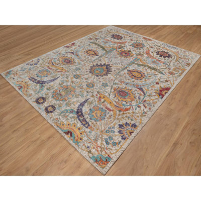 8'x10' Papyrus White, Silk with Textured Wool, Colorful Sickle Leaf Design, Hand Knotted, Oriental Rug