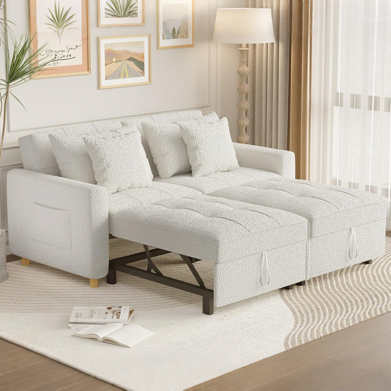 Borchert 2 Seater Fabric Sofa Bed, White Teddy