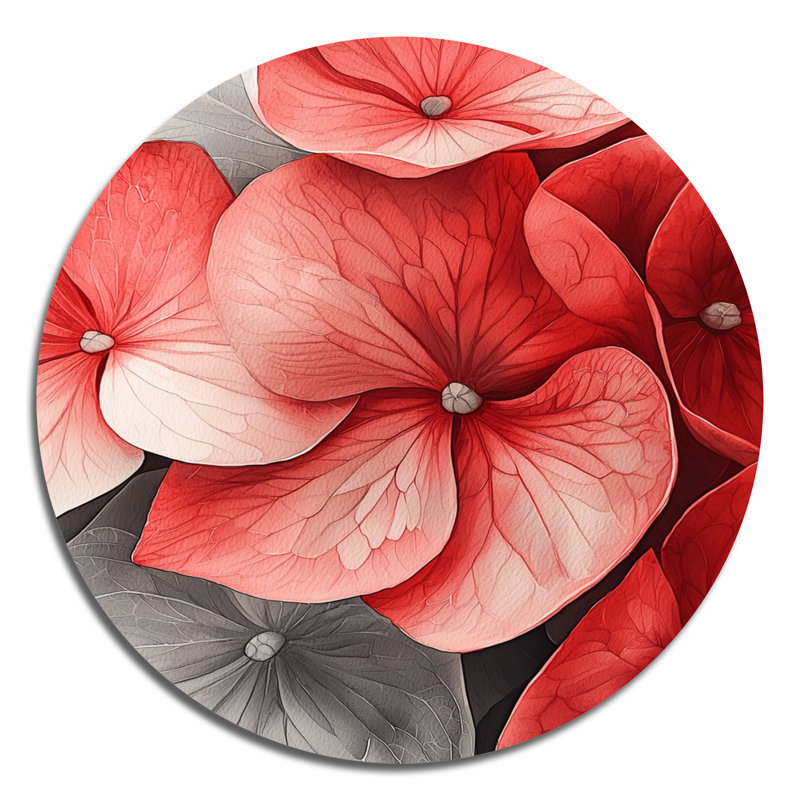 Monogramme de l'hortensia rouge pétale II - hydrangées rondes, art mural en métal, H 36 po x l 36 po