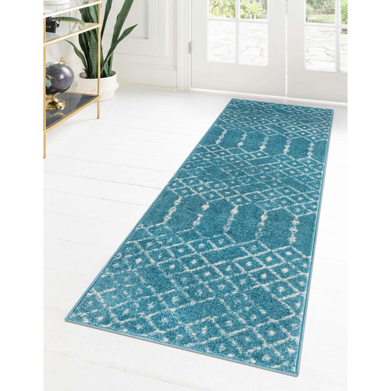 Sierra Geometric Area Rug, Runner 2' x 6', Teal Blue