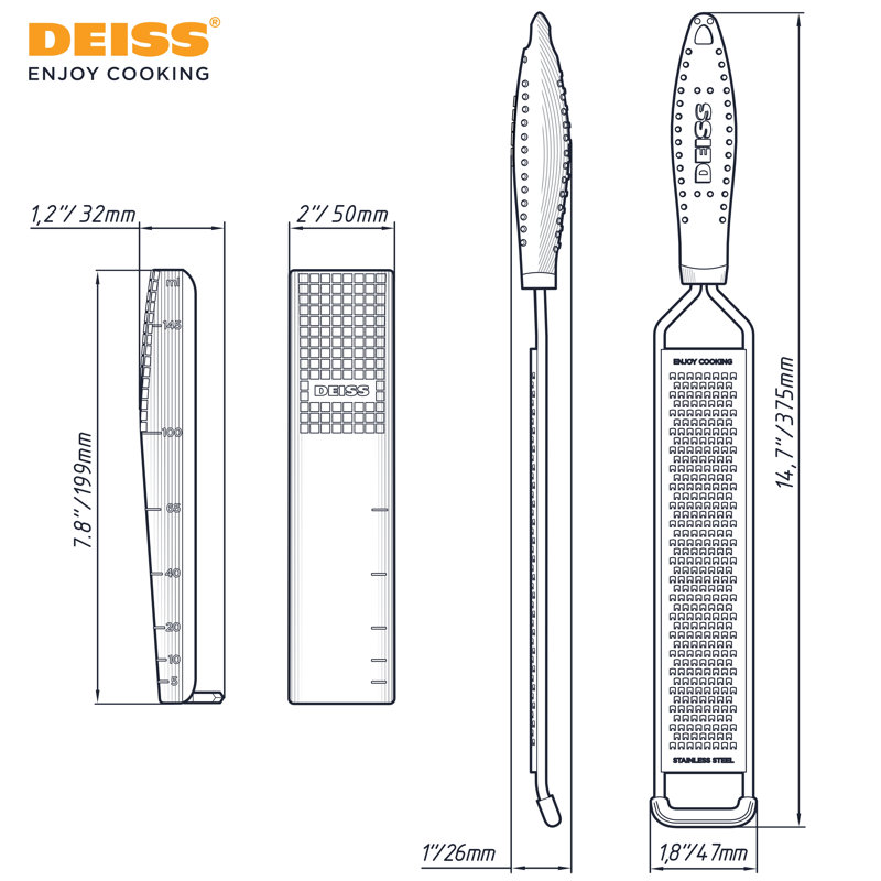 Deiss Lux Fine Grater & Lemon Zester, Parmesan Cheese Grater Handheld - Vegetable Shredder & Stainless Steel Grater