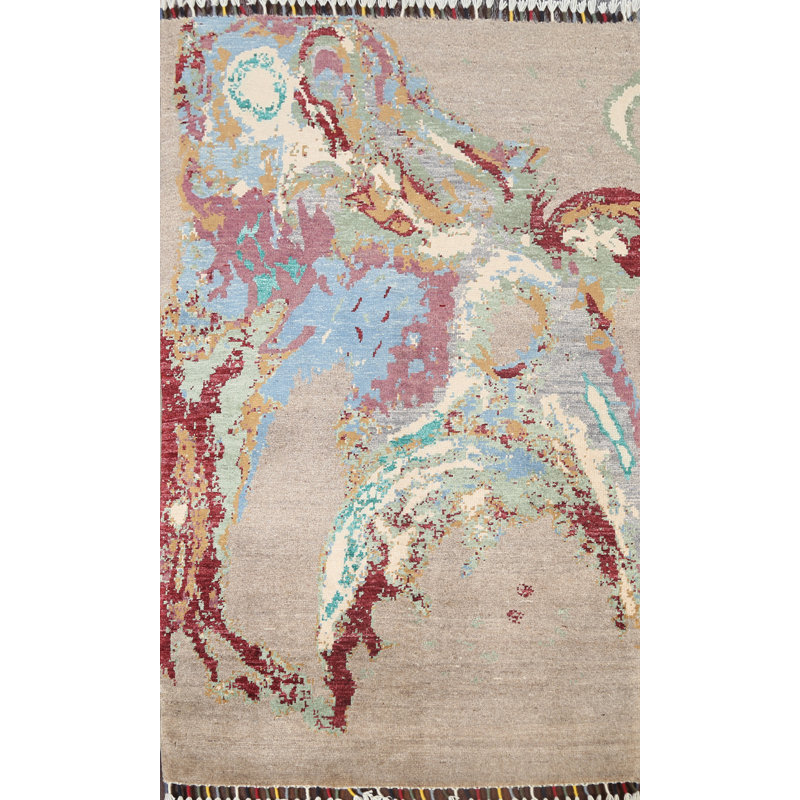 Tapis beige en laine noué à la main de conception unique 2 pi 9 po x 4 pi 1 po