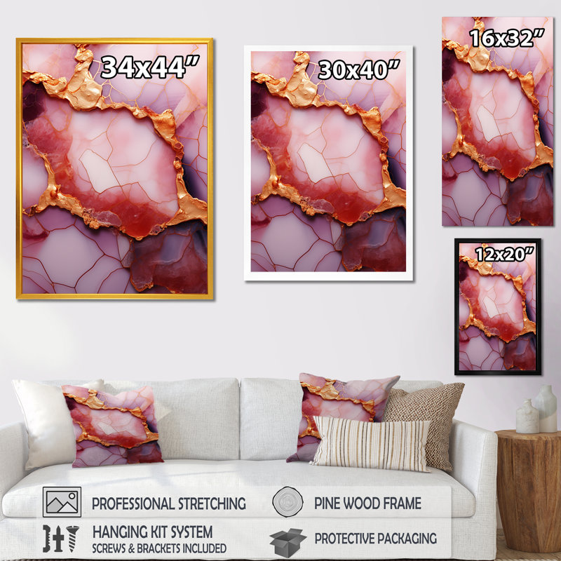 Essence de marbre rose et or V - décoration murale en marbre, H 40 po x l 30 po x P 1,5 po, Cadre simple noir