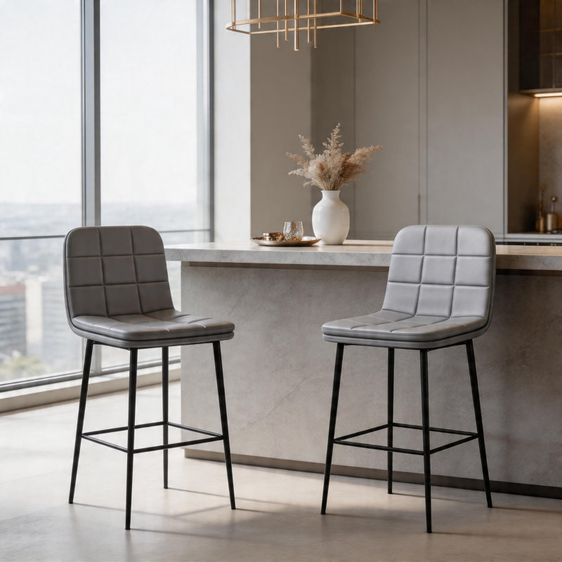 Mordern Upholstered Metal Counter Height Bar Stools(Set of 2), Gray/Black