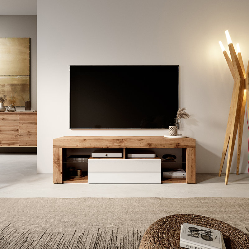 Alarica TV Stand for TVs up to 50'' with LED Lighting, Oak/White Gloss, Yes
