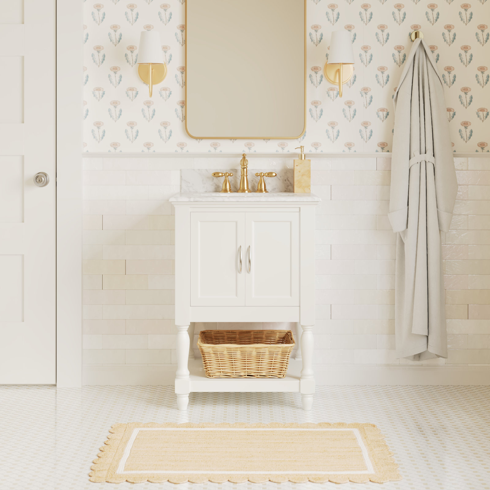 Hampton 24'' Single Bathroom Vanity, White, Carrara Marble