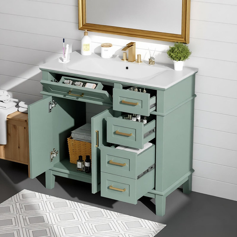 Meuble-lavabo moderne vert clair 36 po avec lavabo en céramique, porte à fermeture douce et 4 tiroirs de rangement 36 po 