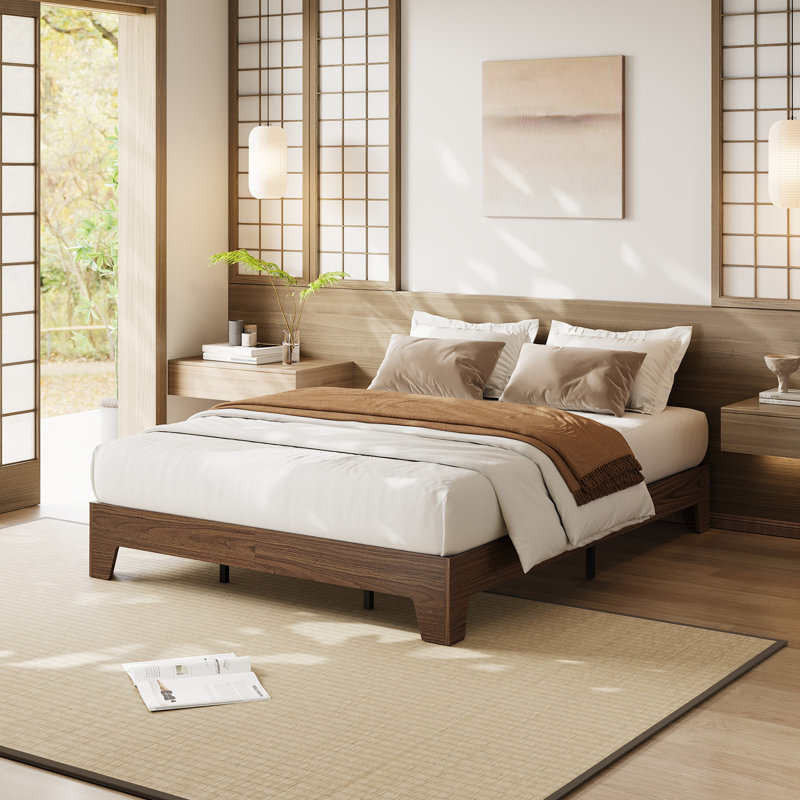 Structure de lit plateforme Nature, lit en bois avec lattes de bois solides, aucun sommier requis, Lit double, Brun