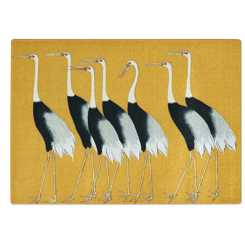 Glass Japanese Red Crown Cranes by Ogata Korin Chopping Board, 39 cm W x 28.5 cm L