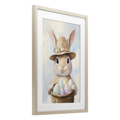 Bunny with Easter Egg Basket Framed Print Under Glass, design by The Prints Vibe