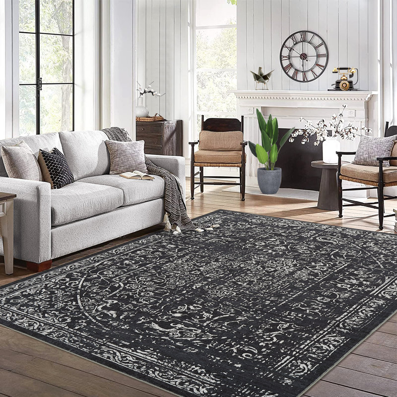 Oriental Machine Washable Rug Non-Slip Area Rug for Living Room Low-Pile Rug Indoor Floor Cover Floral Rug for Bedroom Dining Room Hallway Kitchen Office